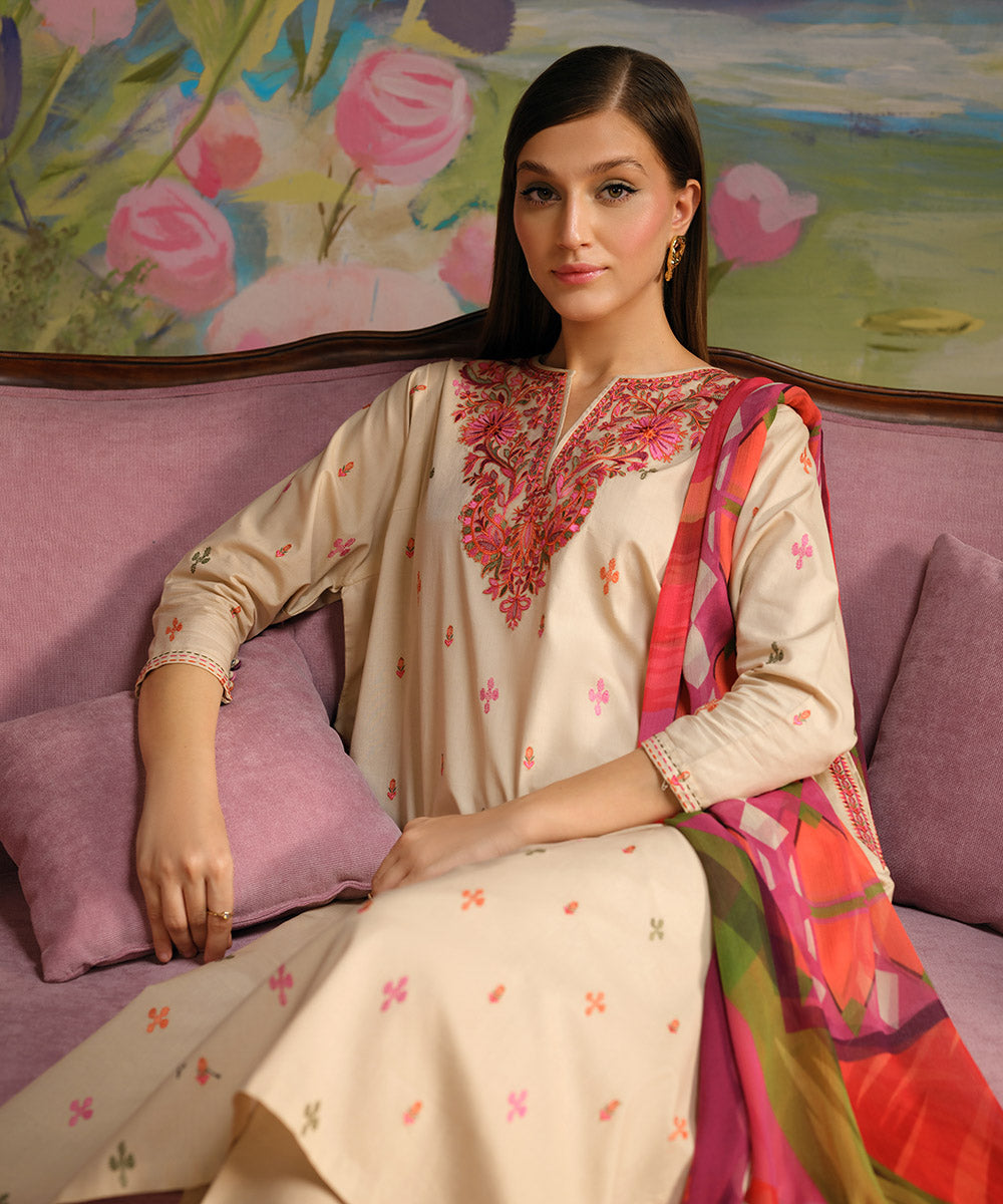 Women's Unstitched Lawn Multi Embroidered 3 Piece Suit
