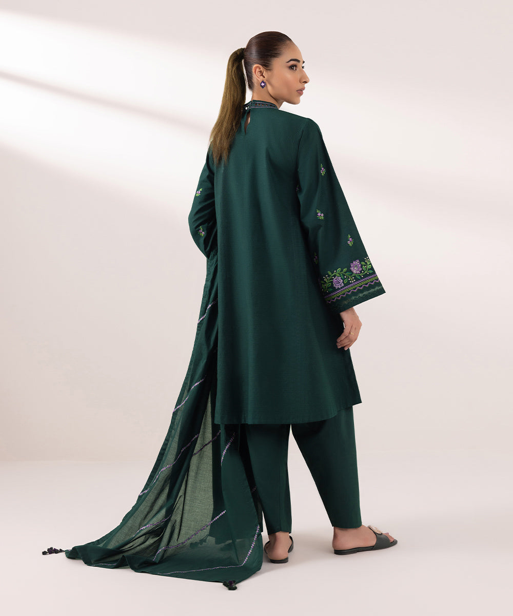 Women's Unstitched Dobby Embroidered Green 3 Piece Suit