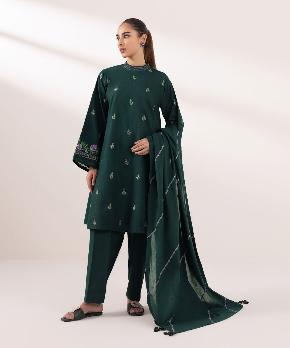 Women's Unstitched Dobby Embroidered Green 3 Piece Suit