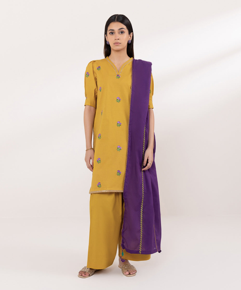 Women's Unstitched Slub Cambric Embroidered Yellow 3 Piece Suit