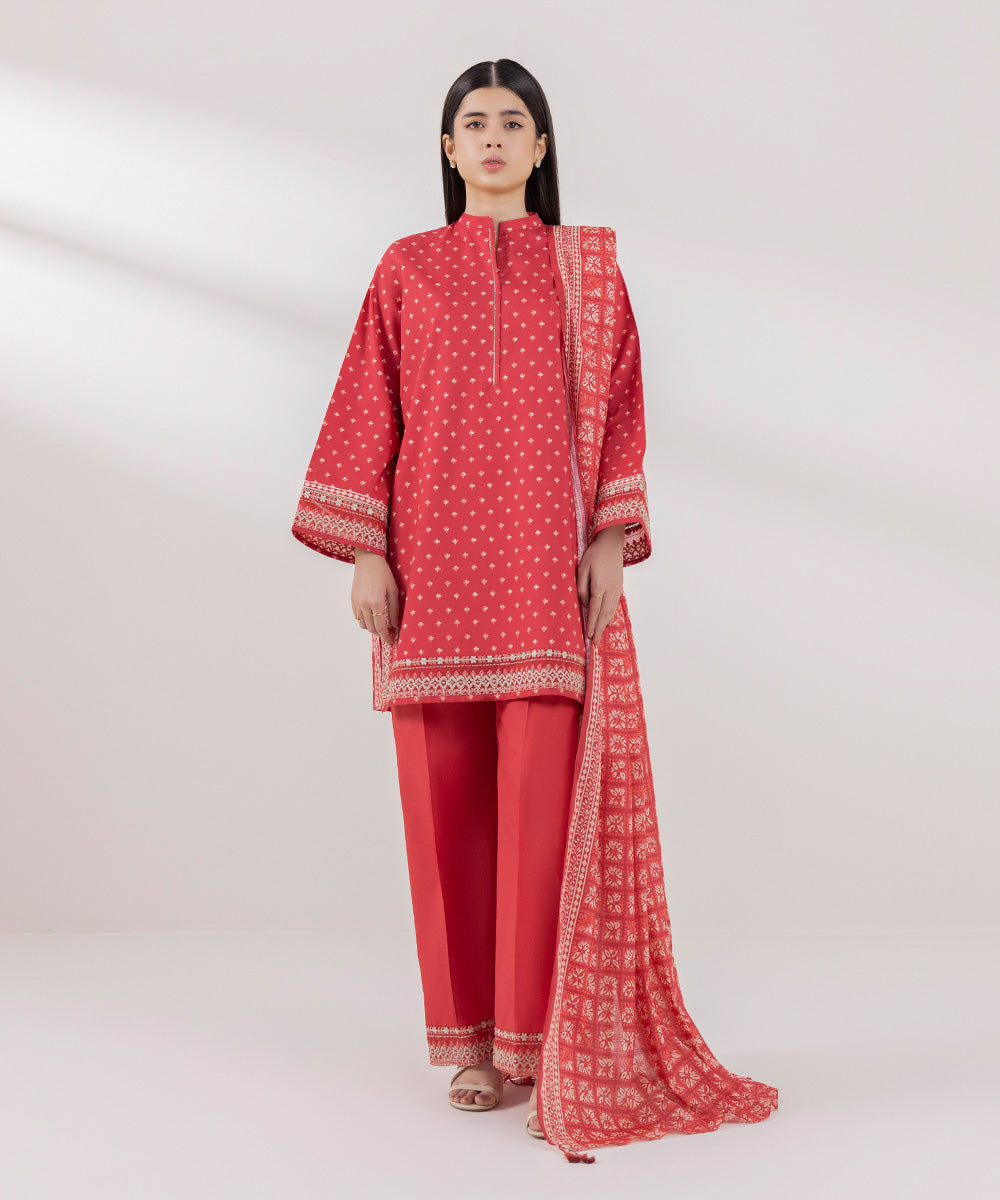 Women's Unstitched Slub Cambric Embroidered Red 3 Piece Suit