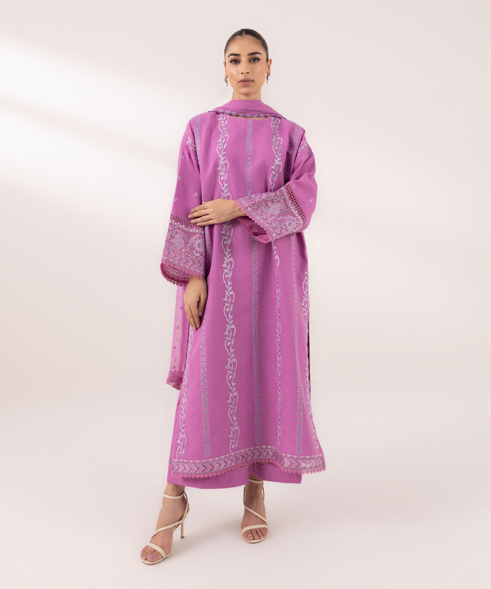 Women's Unstitched Dobby Embroidered Purple 3 Piece Suit