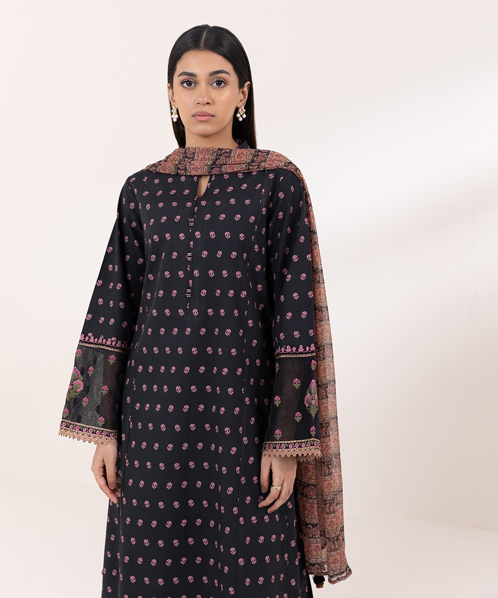 Women's Unstitched Slub Cambric Embroidered Black 3 Piece Suit