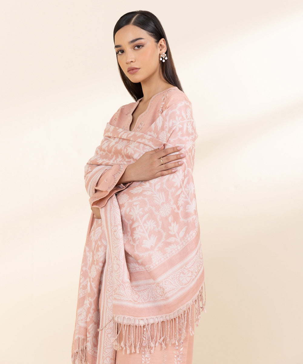 Women's Unstitched Khaddar Pink Embroidered 3 Piece Suit