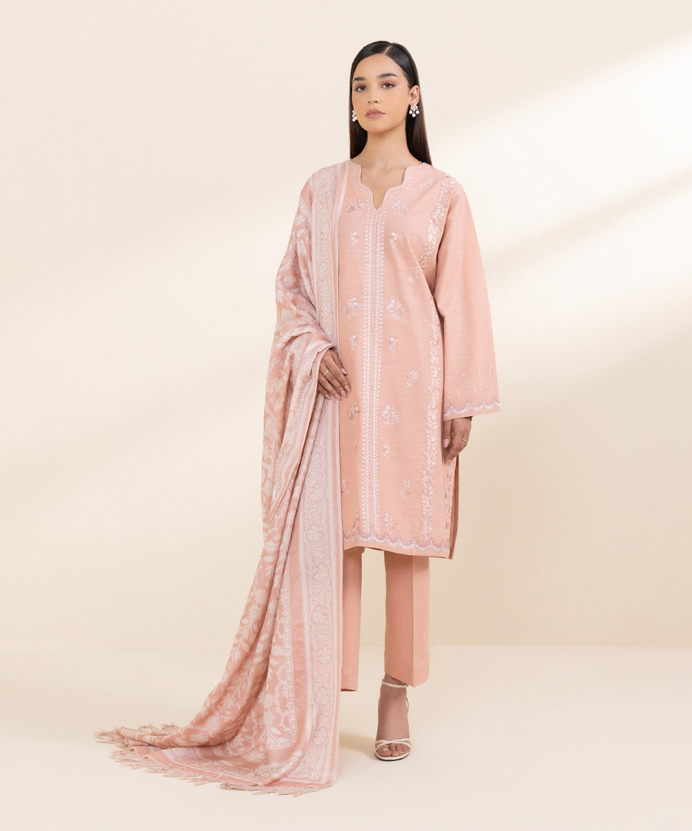 Women's Unstitched Khaddar Pink Embroidered 3 Piece Suit