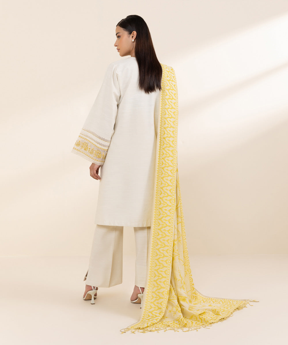 Women's Unstitched Khaddar Off White Embroidered 3 Piece Suit