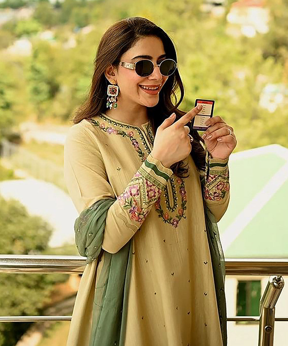 Women's Unstitched Light Khaddar Beige Embroidered 3 Piece Suit