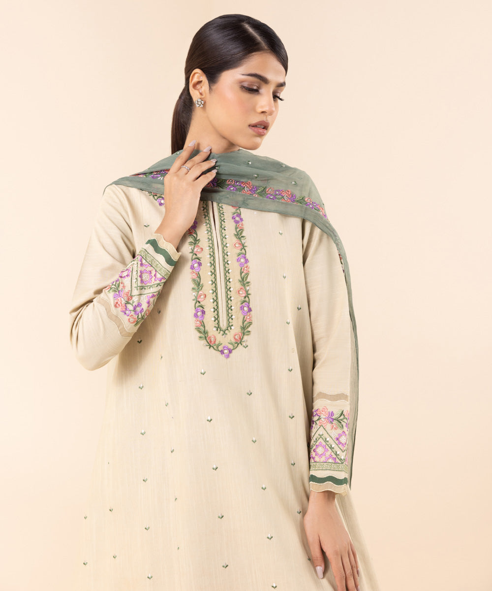 Women's Unstitched Light Khaddar Beige Embroidered 3 Piece Suit