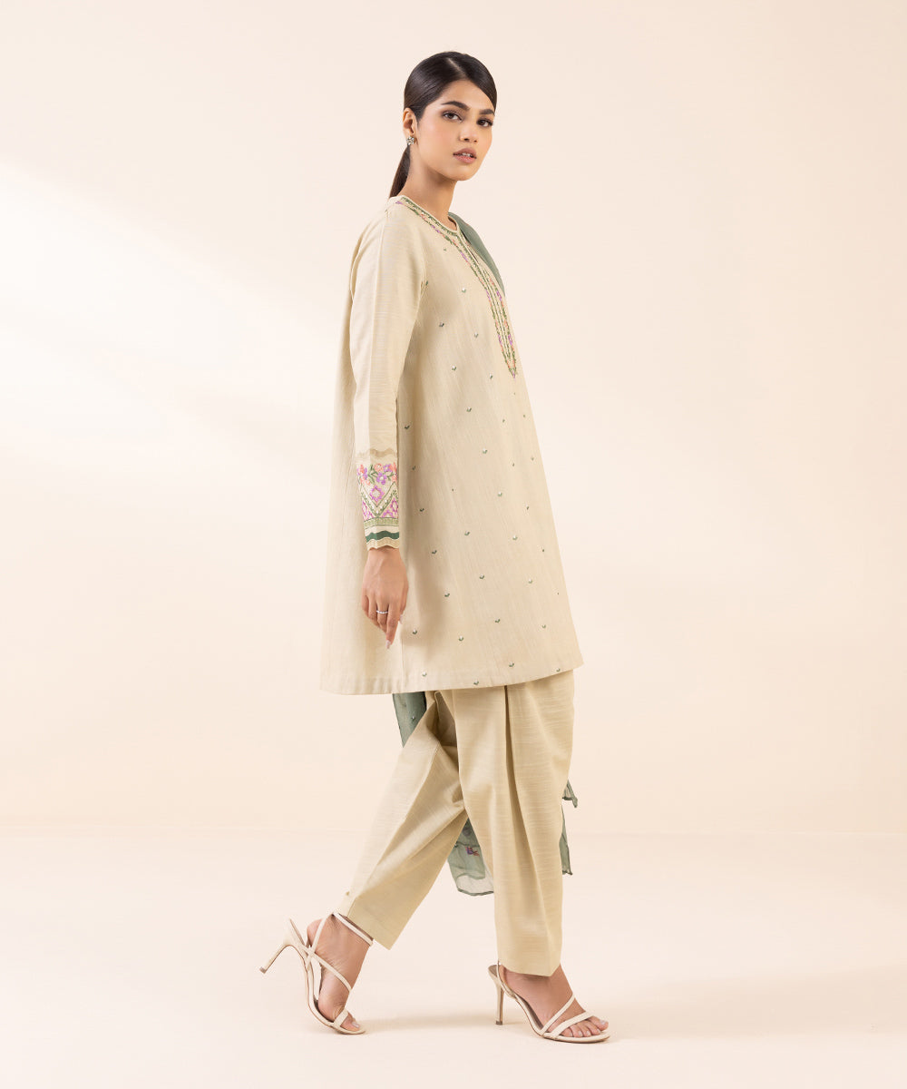 Women's Unstitched Light Khaddar Beige Embroidered 3 Piece Suit