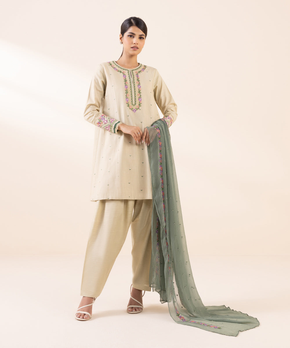 Women's Unstitched Light Khaddar Beige Embroidered 3 Piece Suit