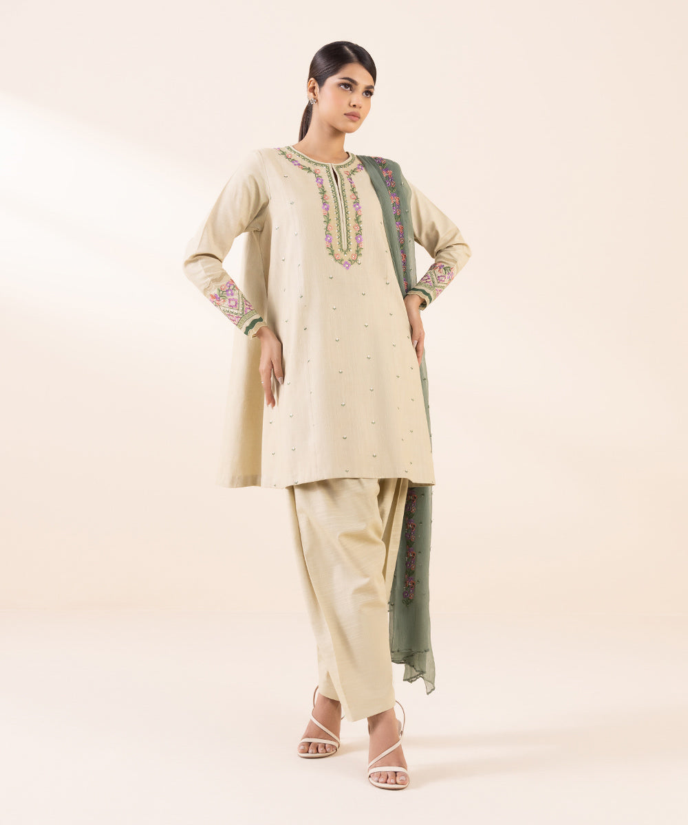 Women's Unstitched Light Khaddar Beige Embroidered 3 Piece Suit