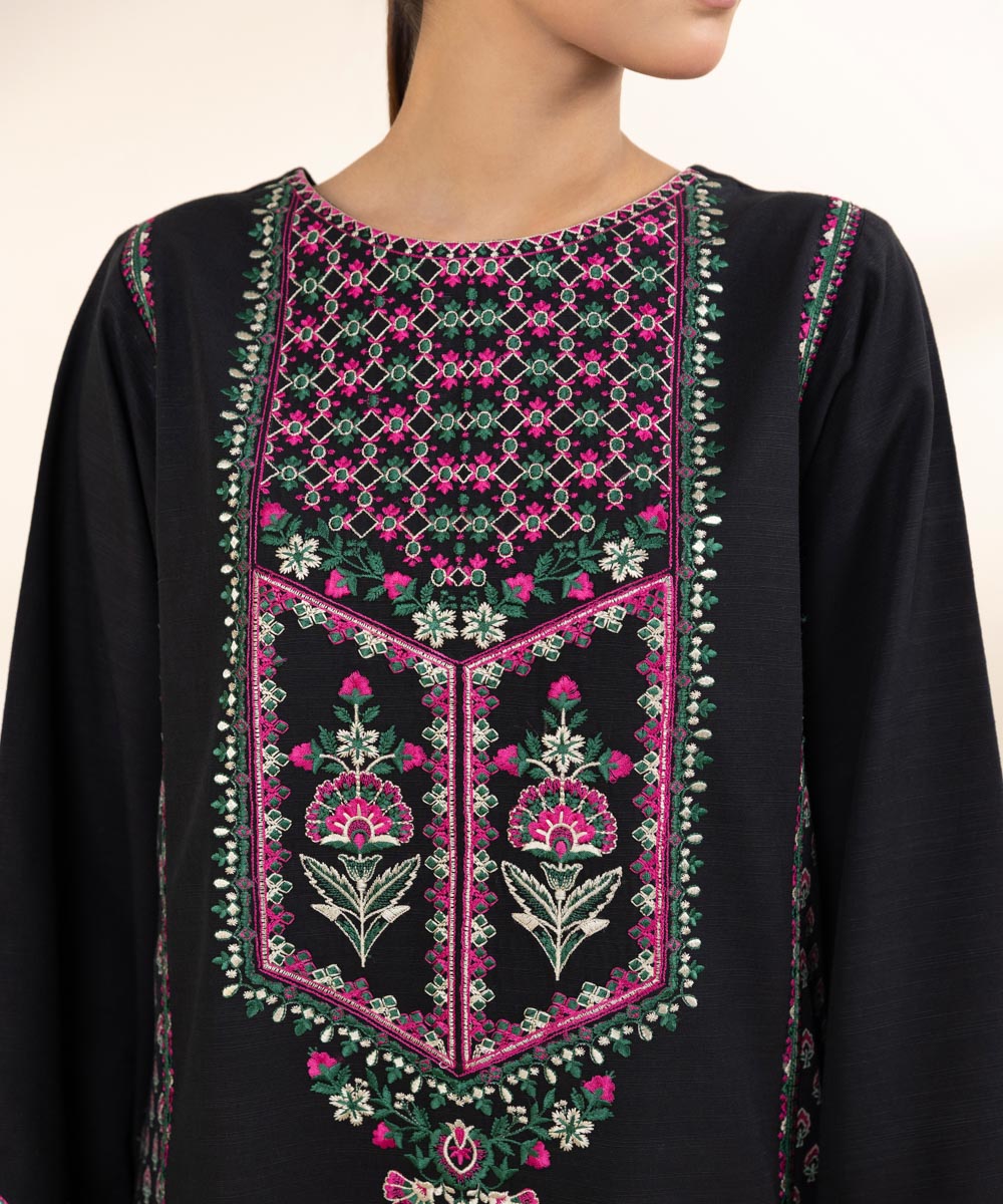 Women's Unstitched Khaddar Black Embroidered 3 Piece Suit