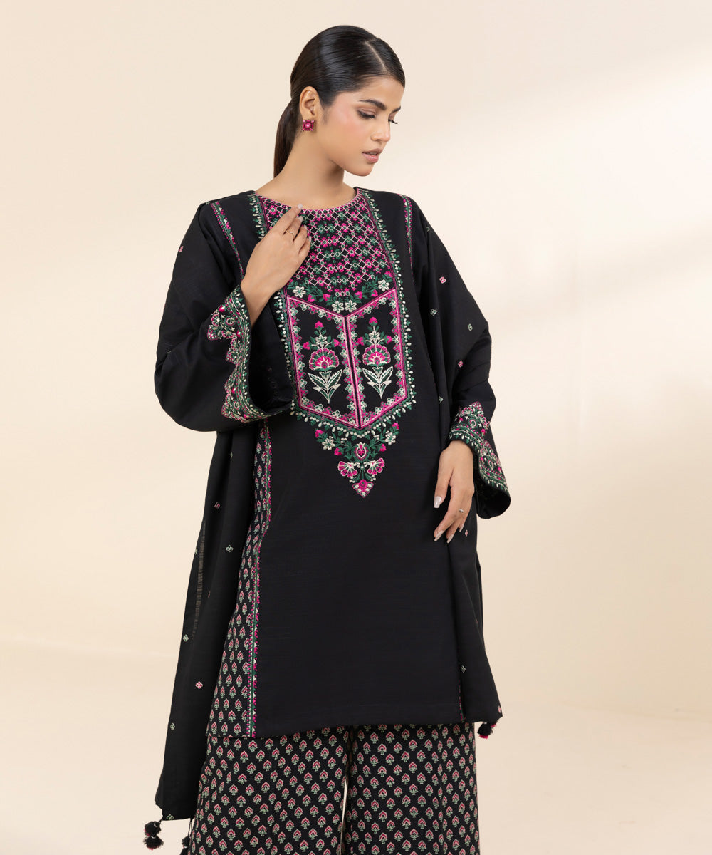 Women's Unstitched Khaddar Black Embroidered 3 Piece Suit