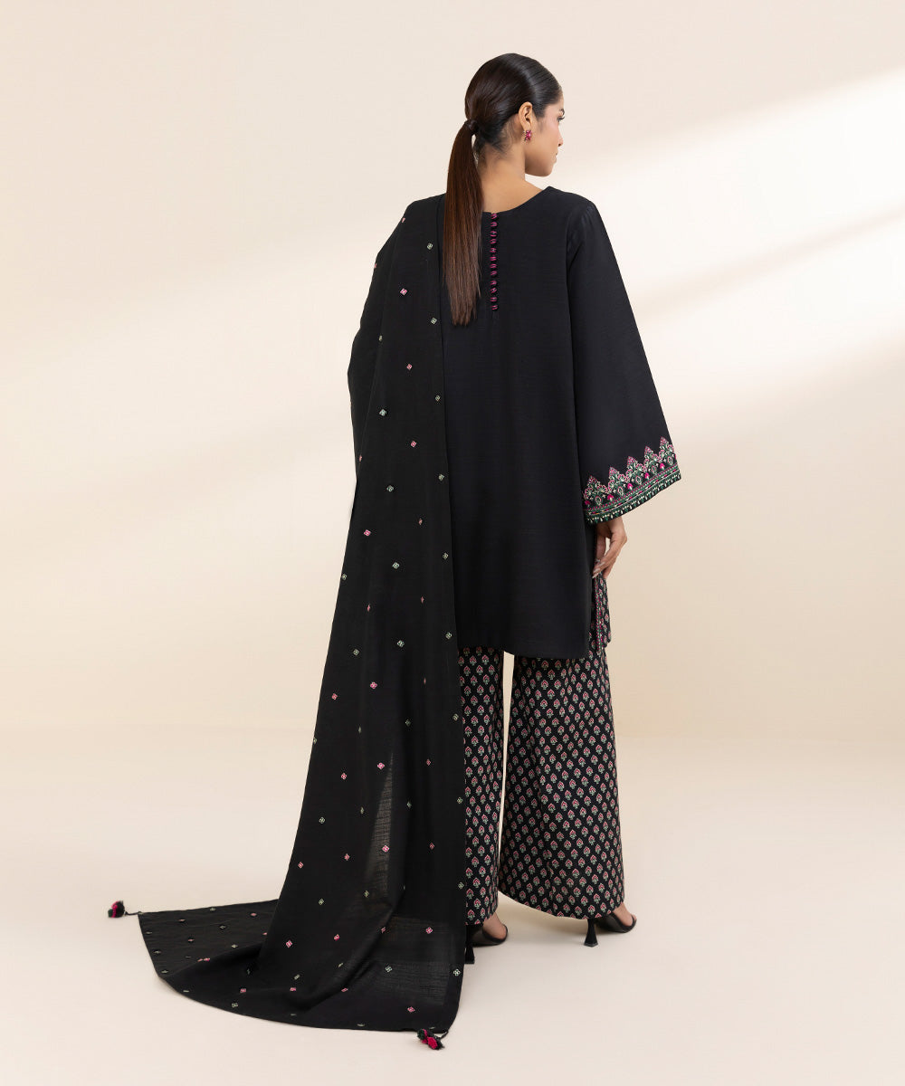 Women's Unstitched Khaddar Black Embroidered 3 Piece Suit