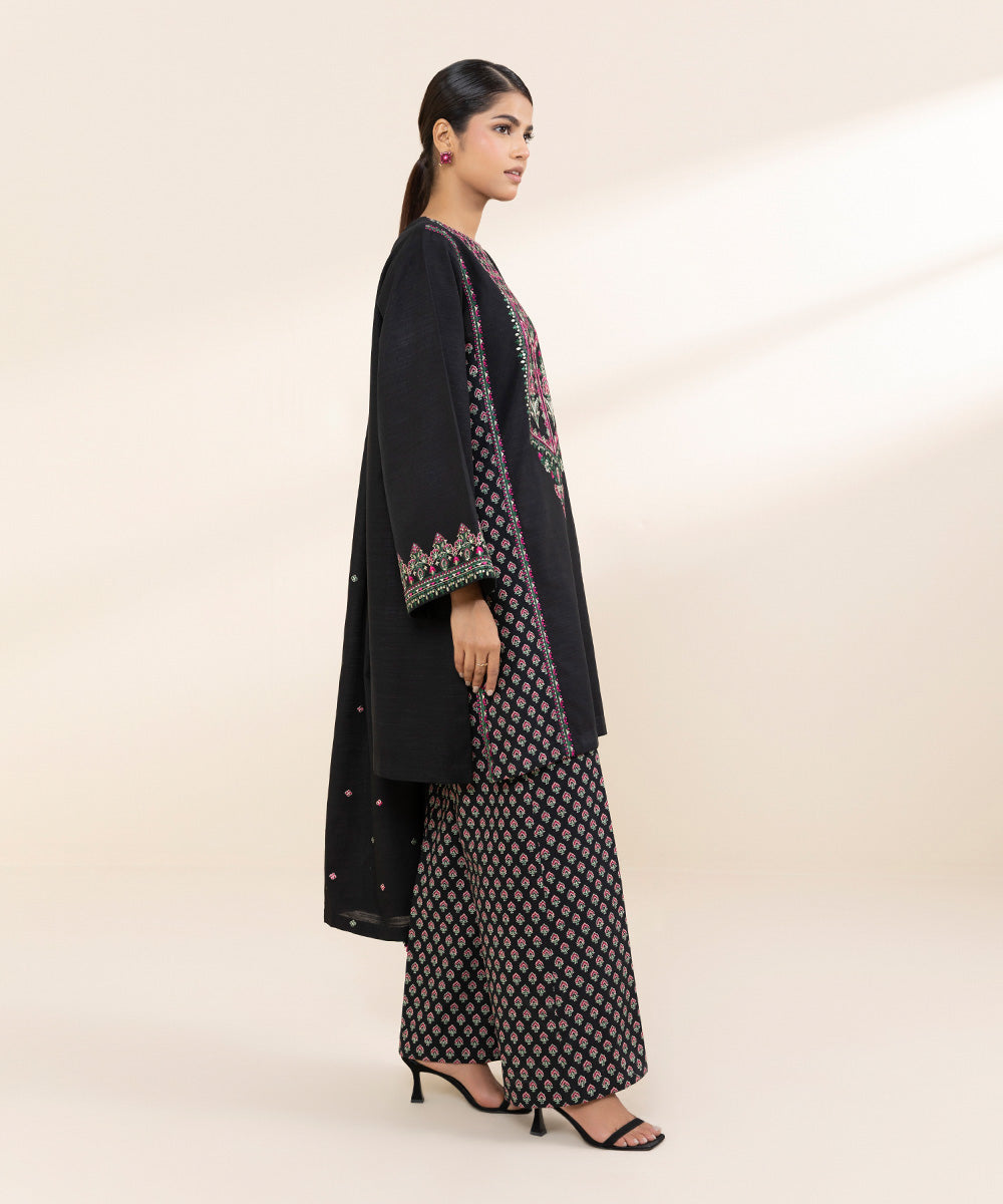 Women's Unstitched Khaddar Black Embroidered 3 Piece Suit