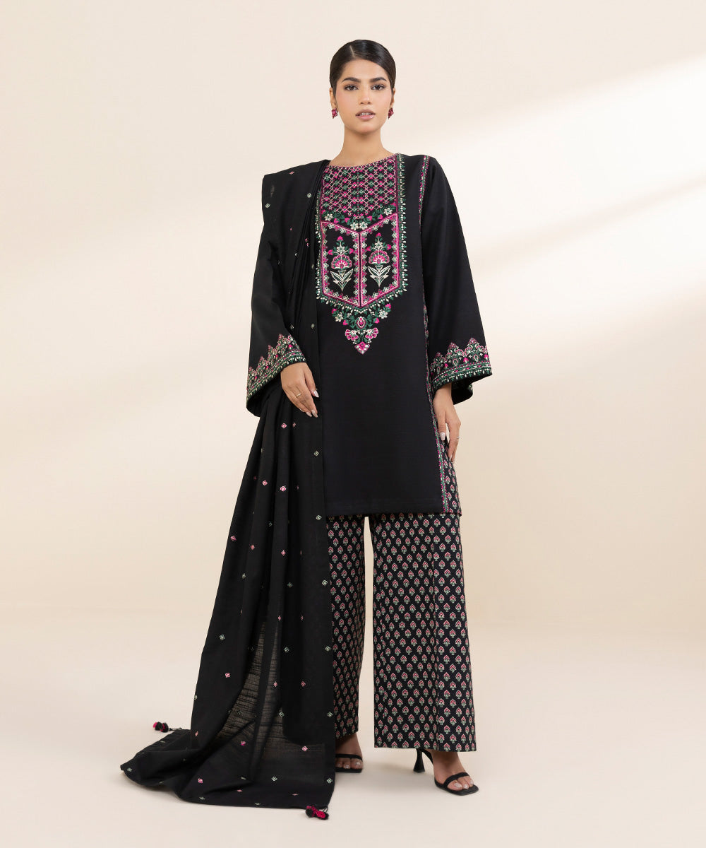 Women's Unstitched Khaddar Black Embroidered 3 Piece Suit