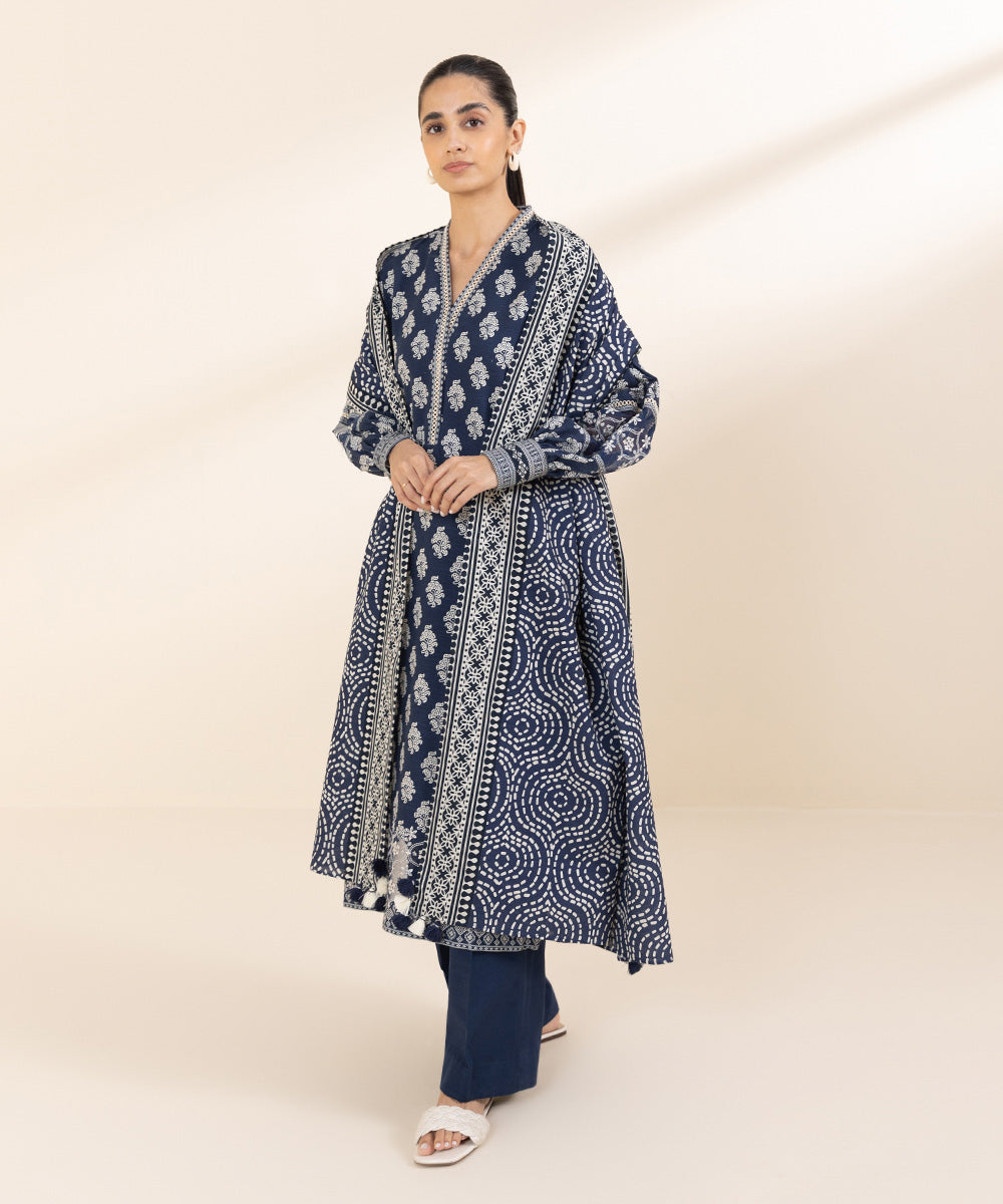 Women's Unstitched Khaddar Blue Embroidered 3 Piece Suit 