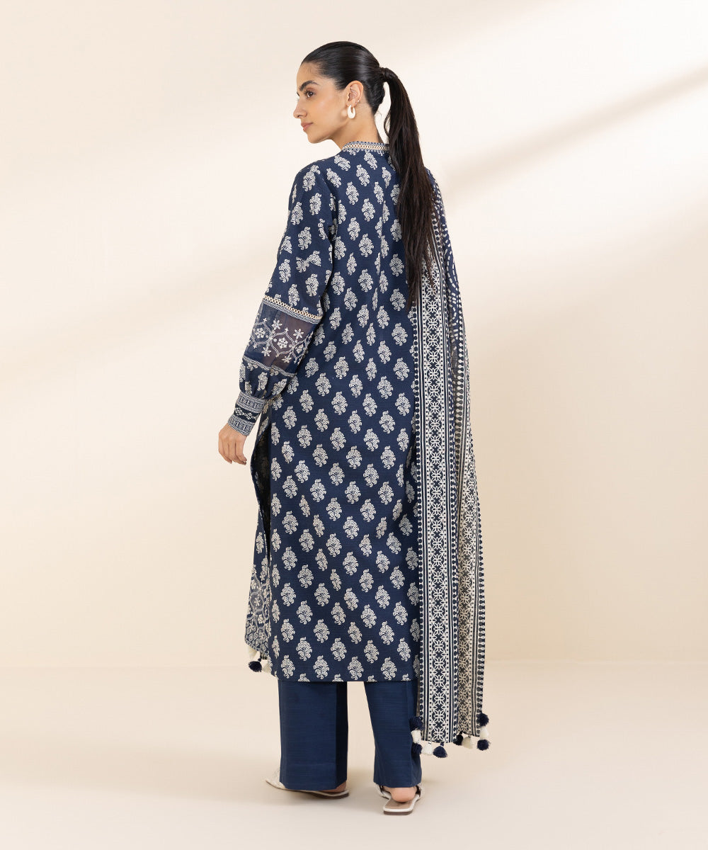 Women's Unstitched Khaddar Blue Embroidered 3 Piece Suit 