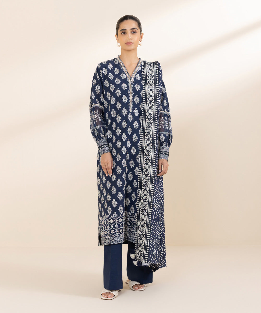 Women's Unstitched Khaddar Blue Embroidered 3 Piece Suit 