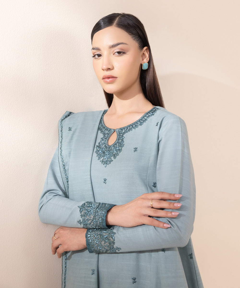 Women's Unstitched Light Khaddar Blue Embroidered 3 Piece Suit