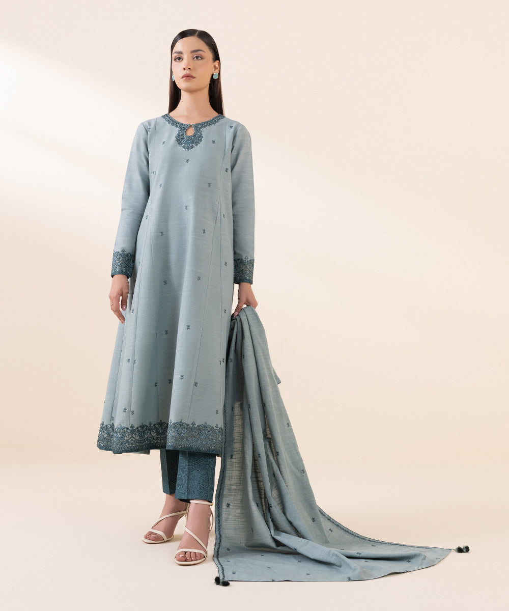 Women's Unstitched Light Khaddar Blue Embroidered 3 Piece Suit