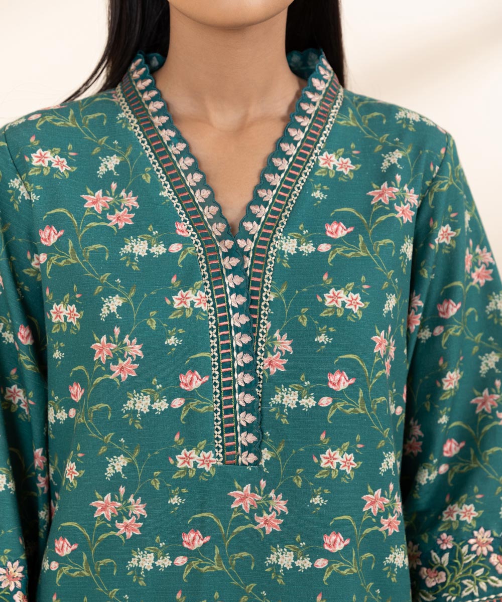 Women's Unstitched Light Khaddar Green Embroidered 3 Piece Suit