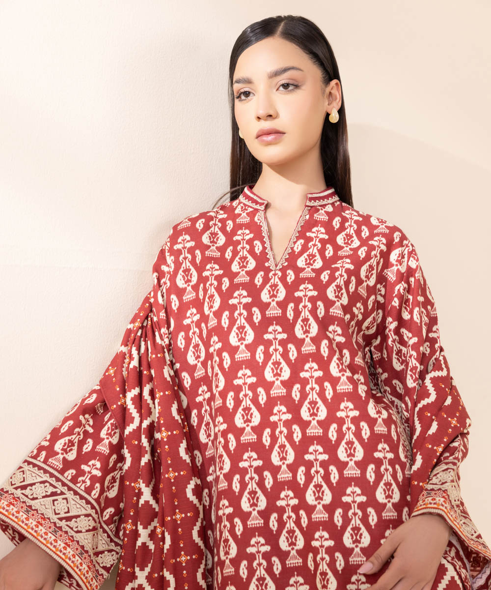 Women's Unstitched Light Khaddar Red Embroidered 3 Piece Suit 