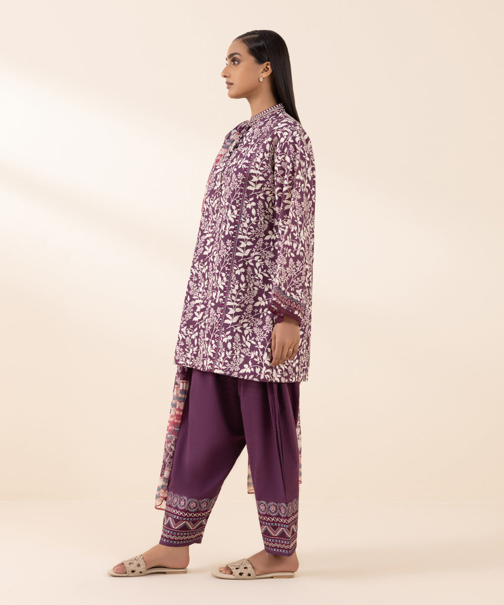 Women's Unstitched Khaddar Purple Embroidered 3 Piece Suit