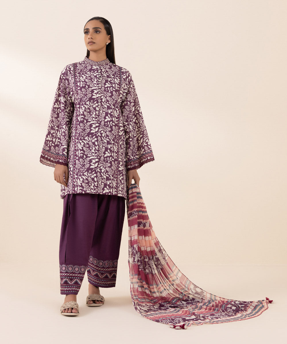 Women's Unstitched Khaddar Purple Embroidered 3 Piece Suit