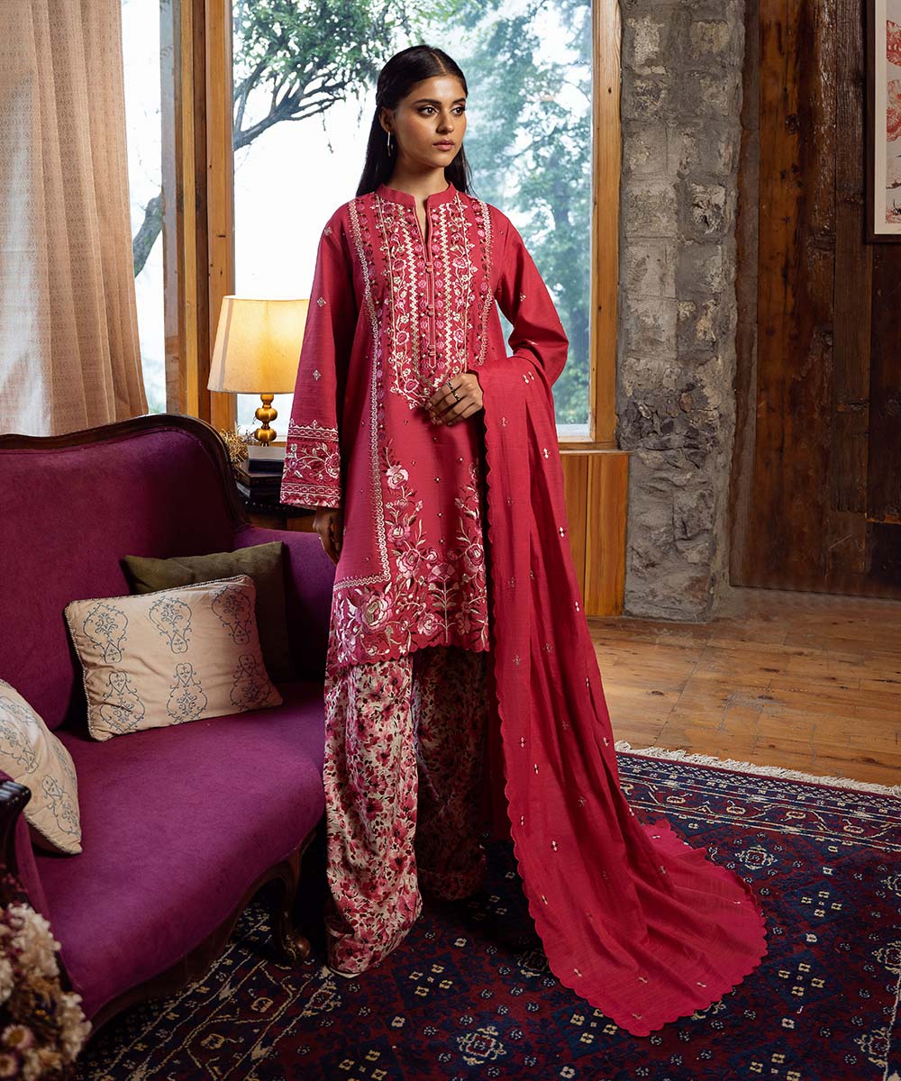 Women's Unstitched Light Khaddar Pink Embroidered 3 Piece Suit