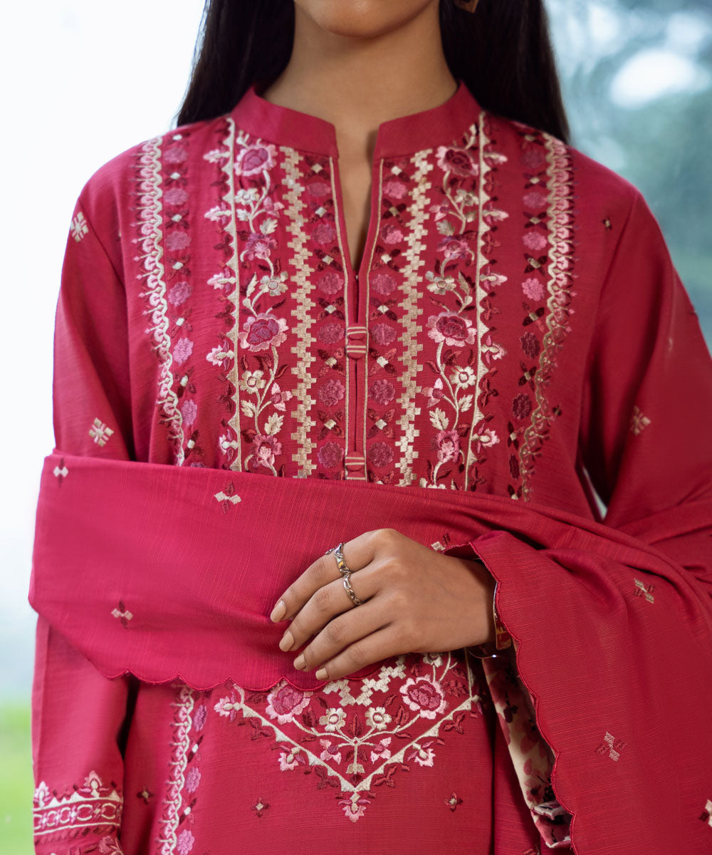 Women's Unstitched Light Khaddar Pink Embroidered 3 Piece Suit