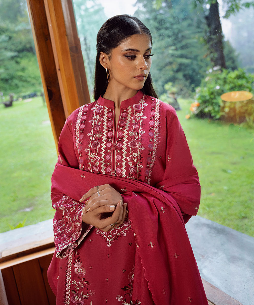 Women's Unstitched Light Khaddar Pink Embroidered 3 Piece Suit