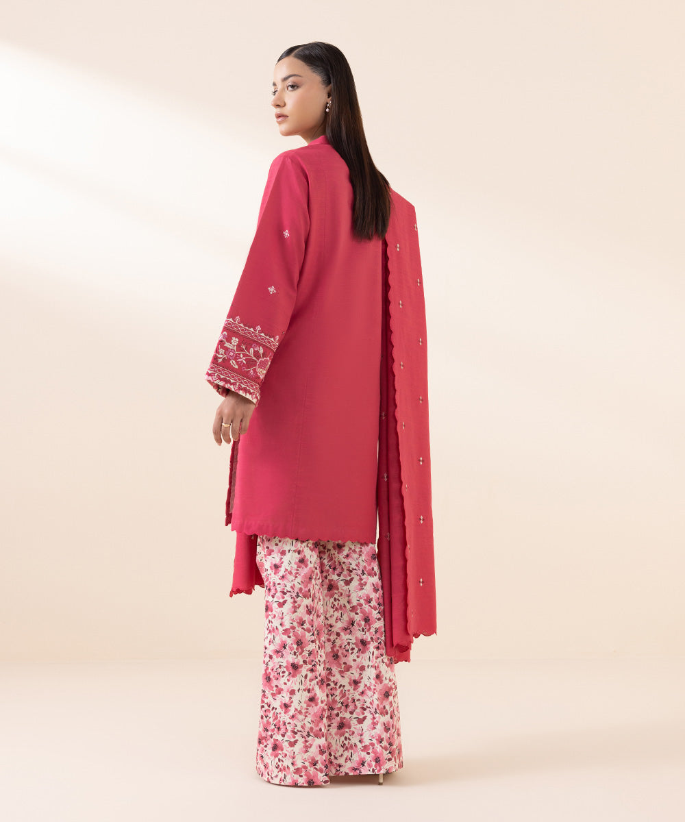 Women's Unstitched Light Khaddar Pink Embroidered 3 Piece Suit