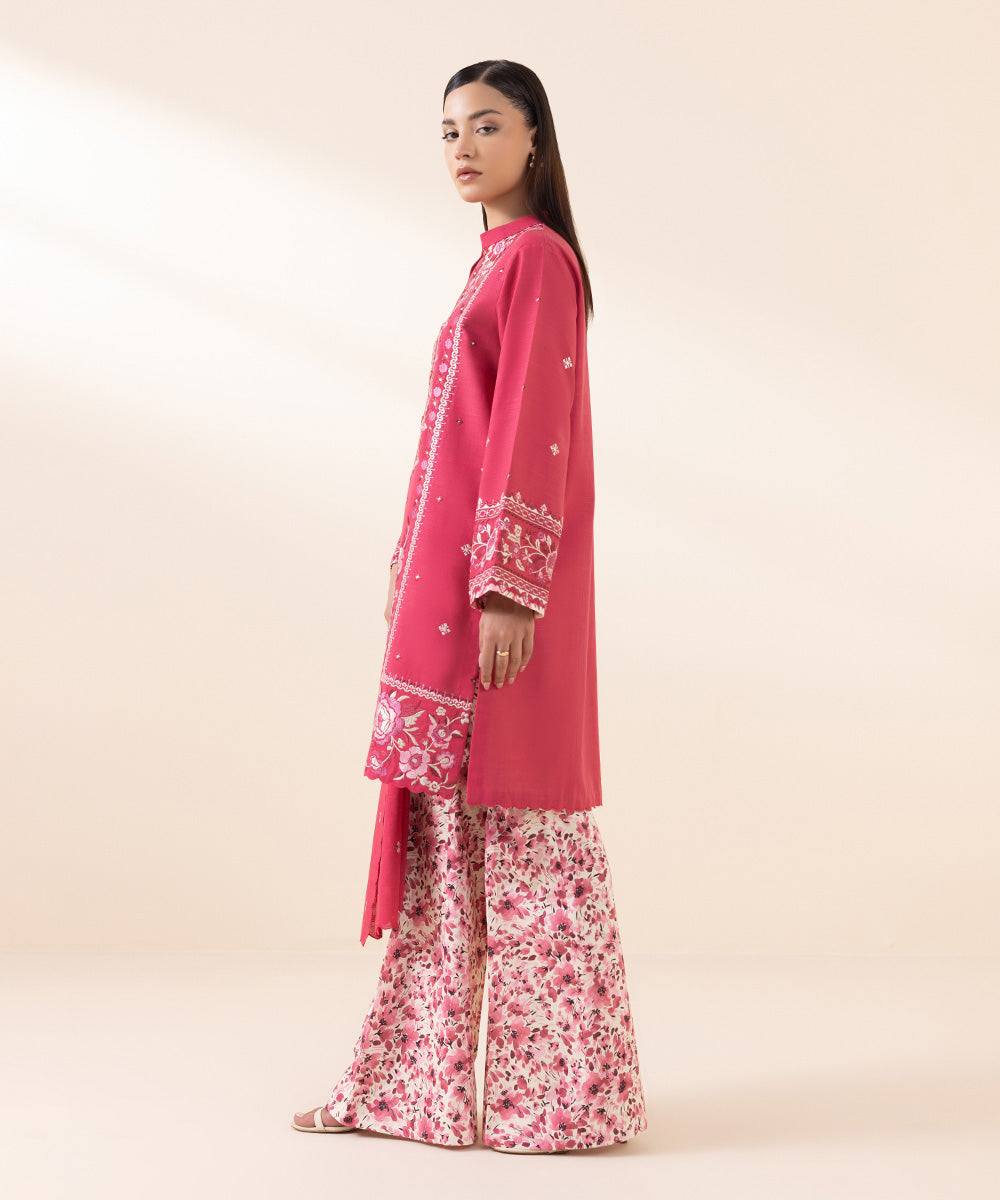 Women's Unstitched Light Khaddar Pink Embroidered 3 Piece Suit