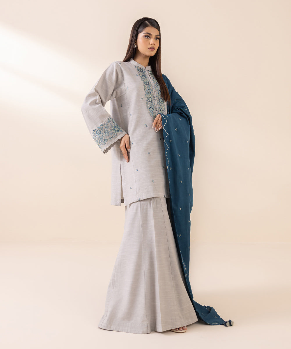 Women's Unstitched Light Khaddar Grey Embroidered 3 Piece Suit