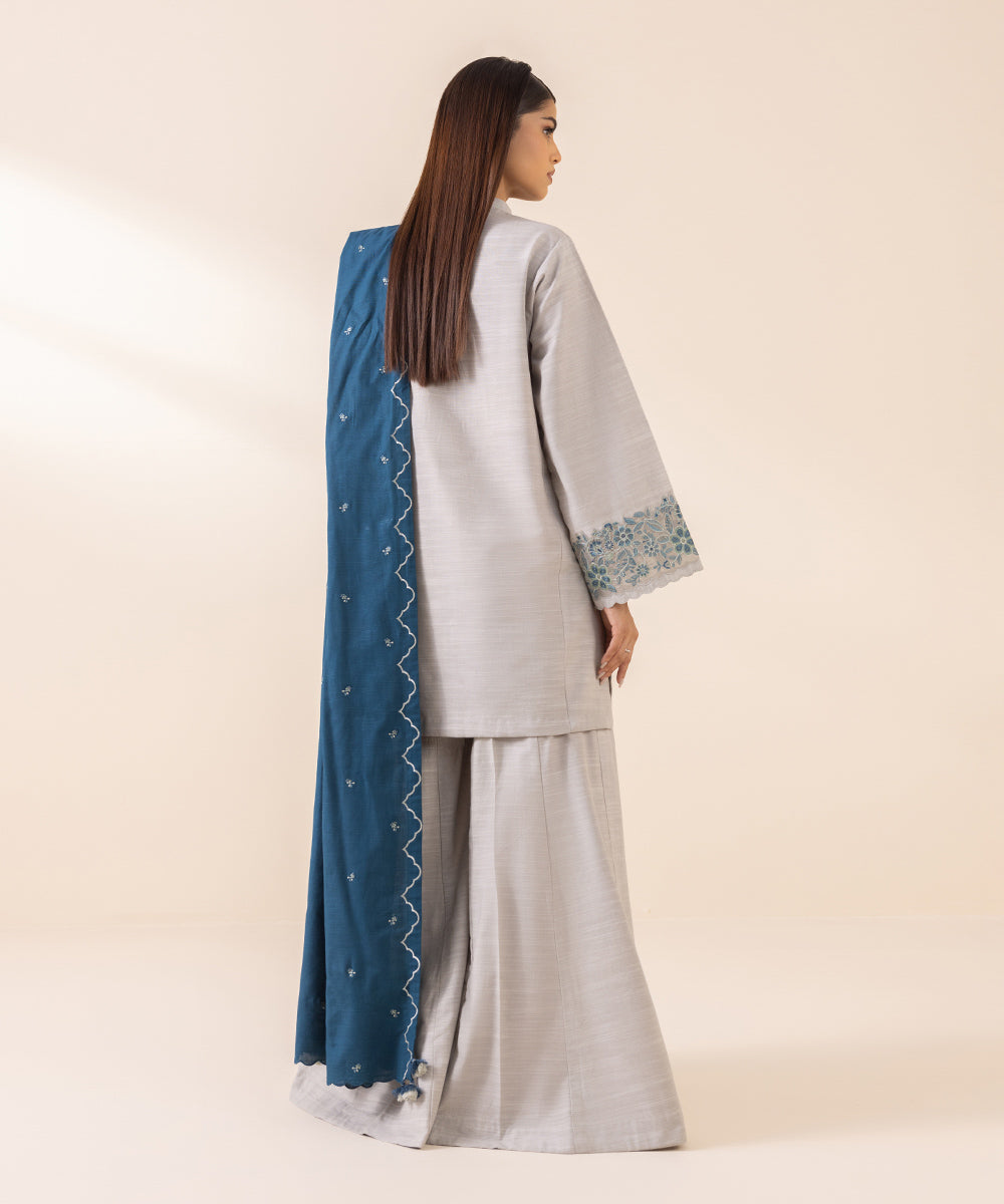 Women's Unstitched Light Khaddar Grey Embroidered 3 Piece Suit