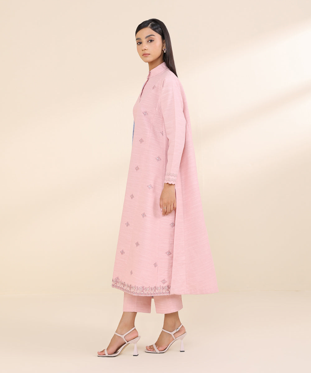 Women's Unstitched Light Khaddar Pink Embroidered 3 Piece Suit