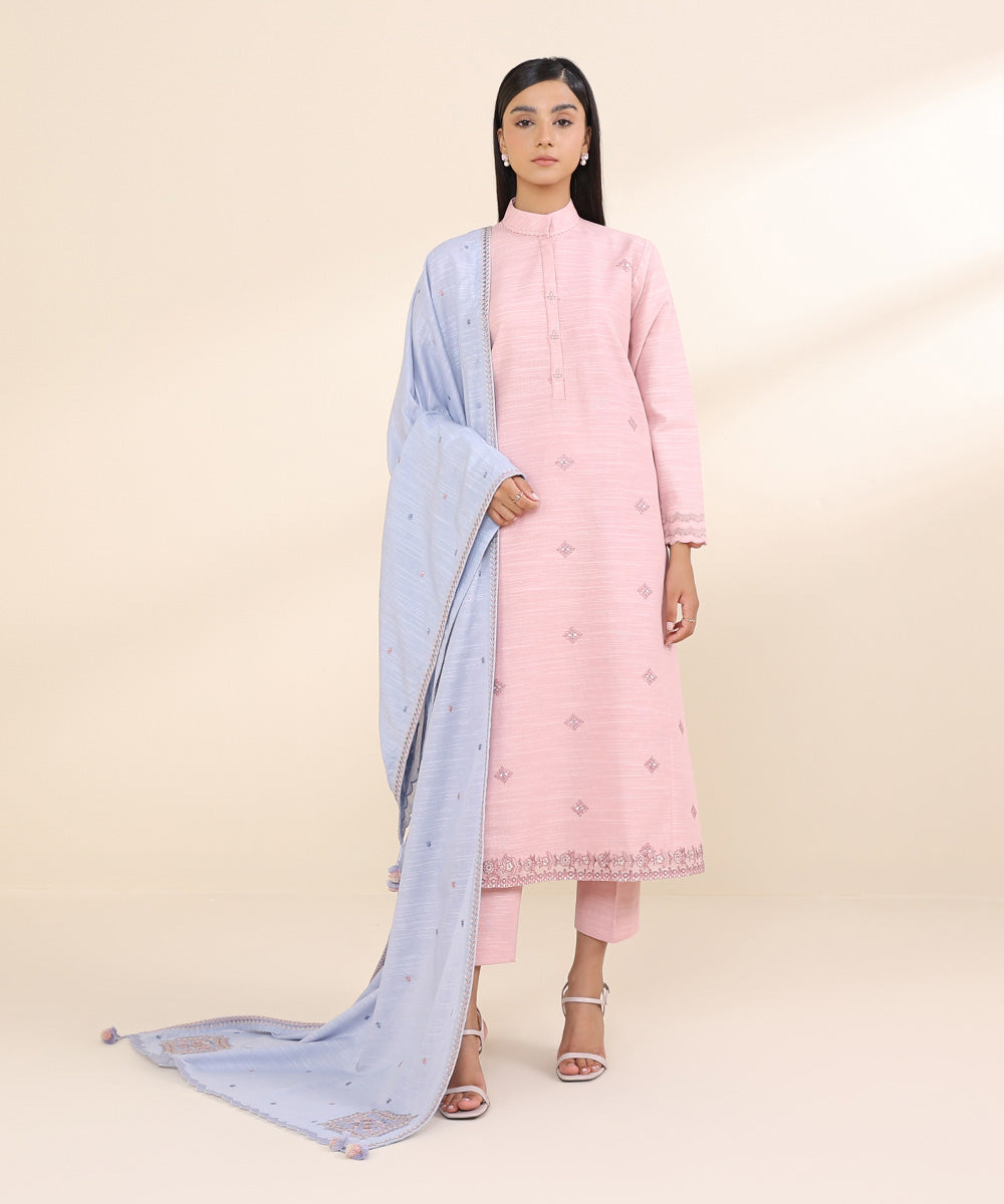 Women's Unstitched Light Khaddar Pink Embroidered 3 Piece Suit