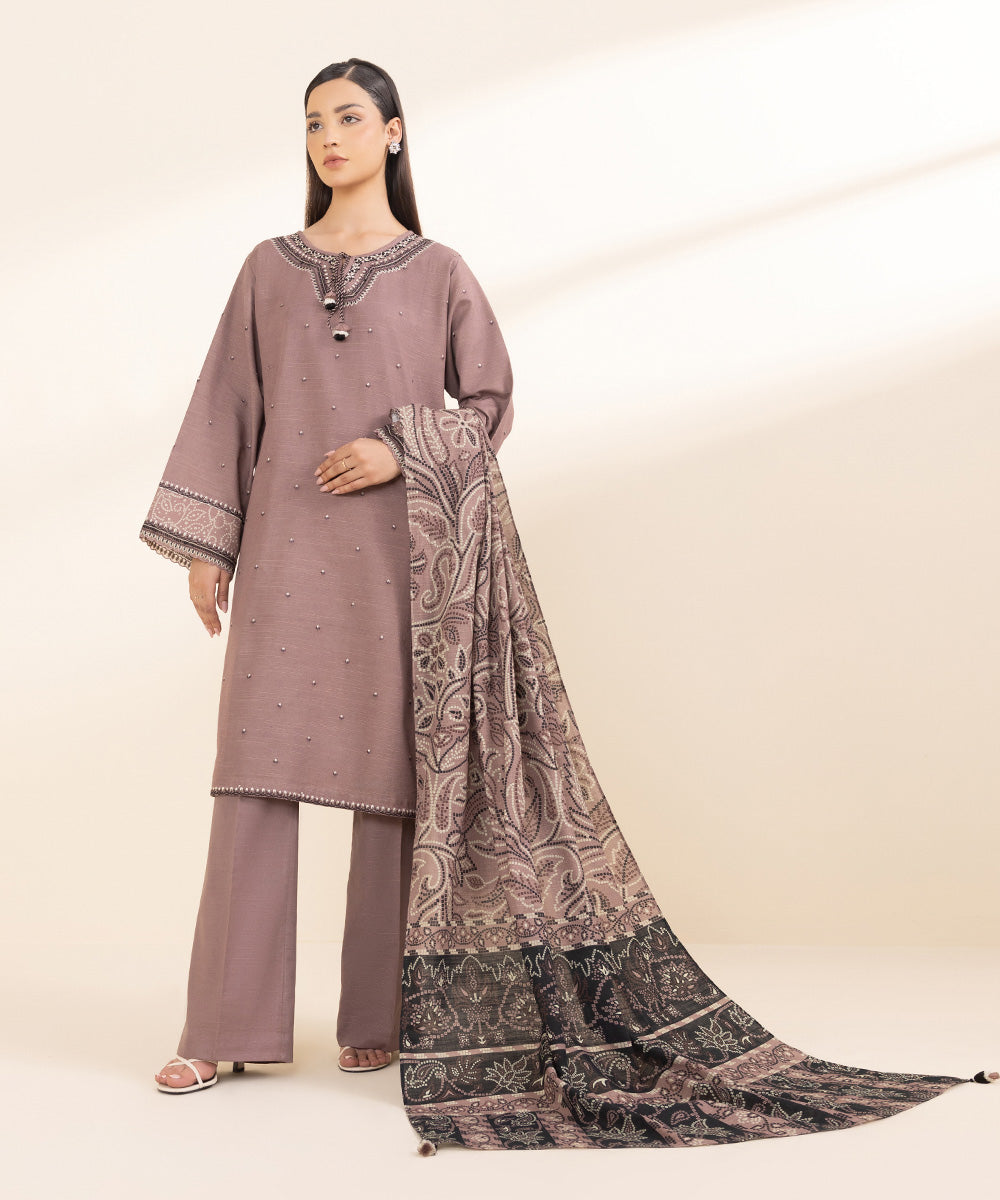 Women's Unstitched Light Khaddar Purple Embroidered 3 Piece Suit