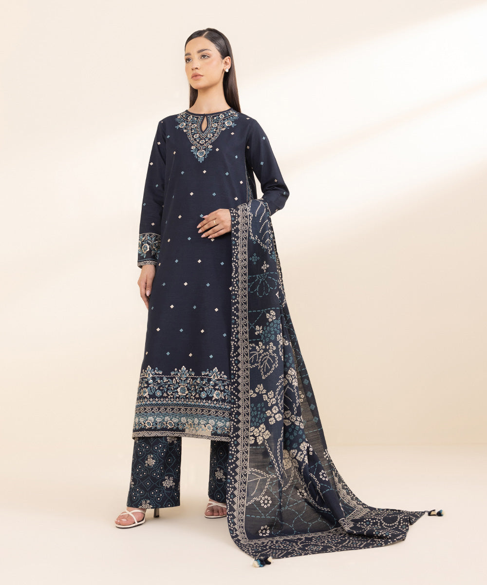 Women's Unstitched Light Khaddar Blue Embroidered 3 Piece Suit