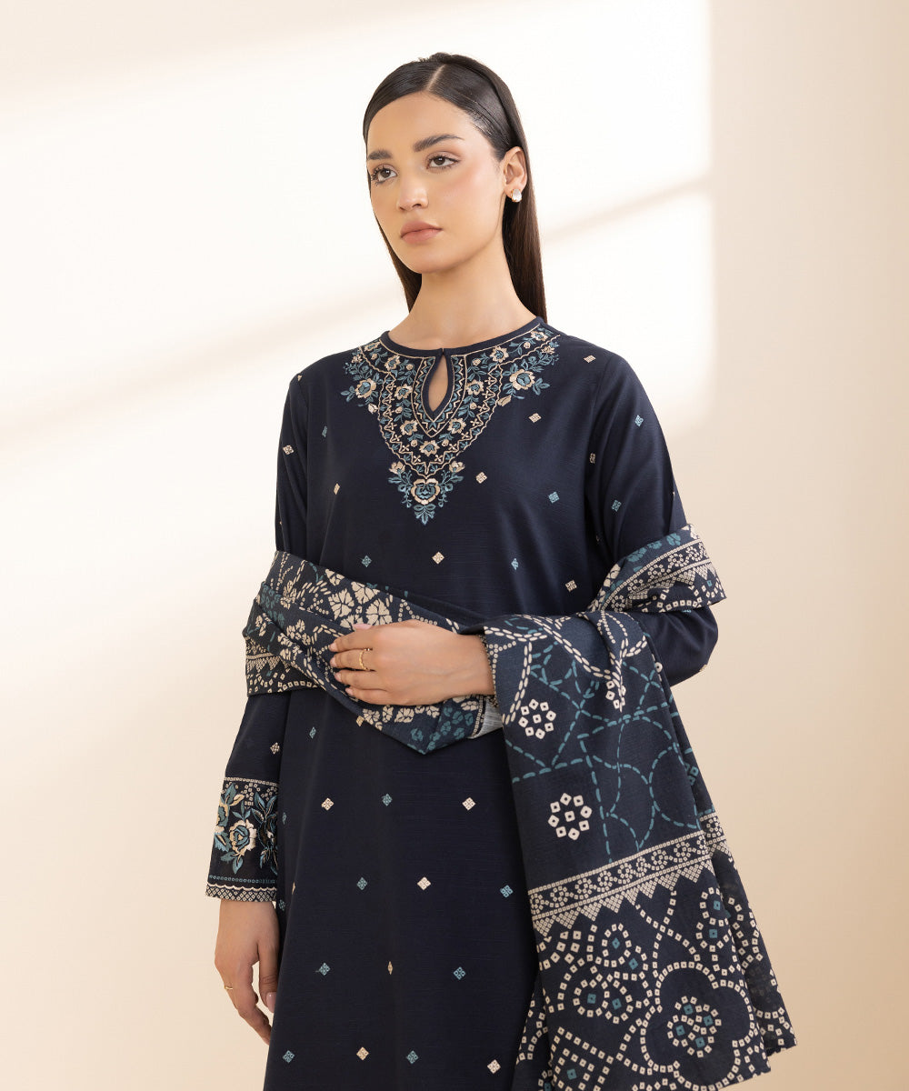 Women's Unstitched Light Khaddar Blue Embroidered 3 Piece Suit