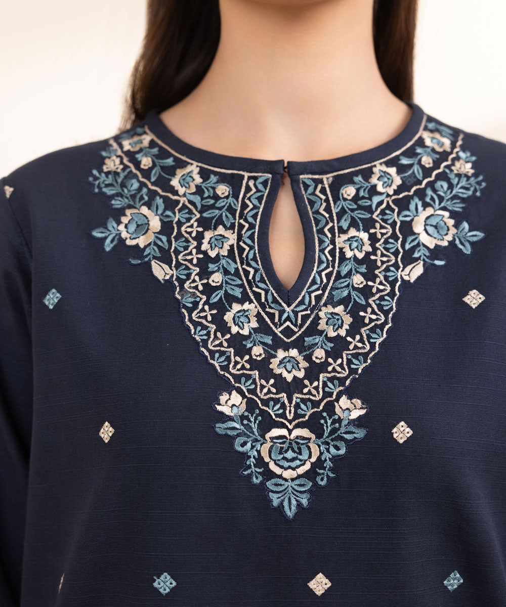 Women's Unstitched Light Khaddar Blue Embroidered 3 Piece Suit