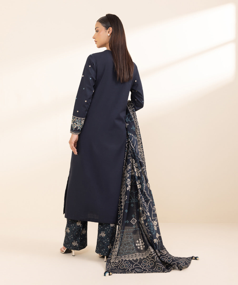 Women's Unstitched Light Khaddar Blue Embroidered 3 Piece Suit