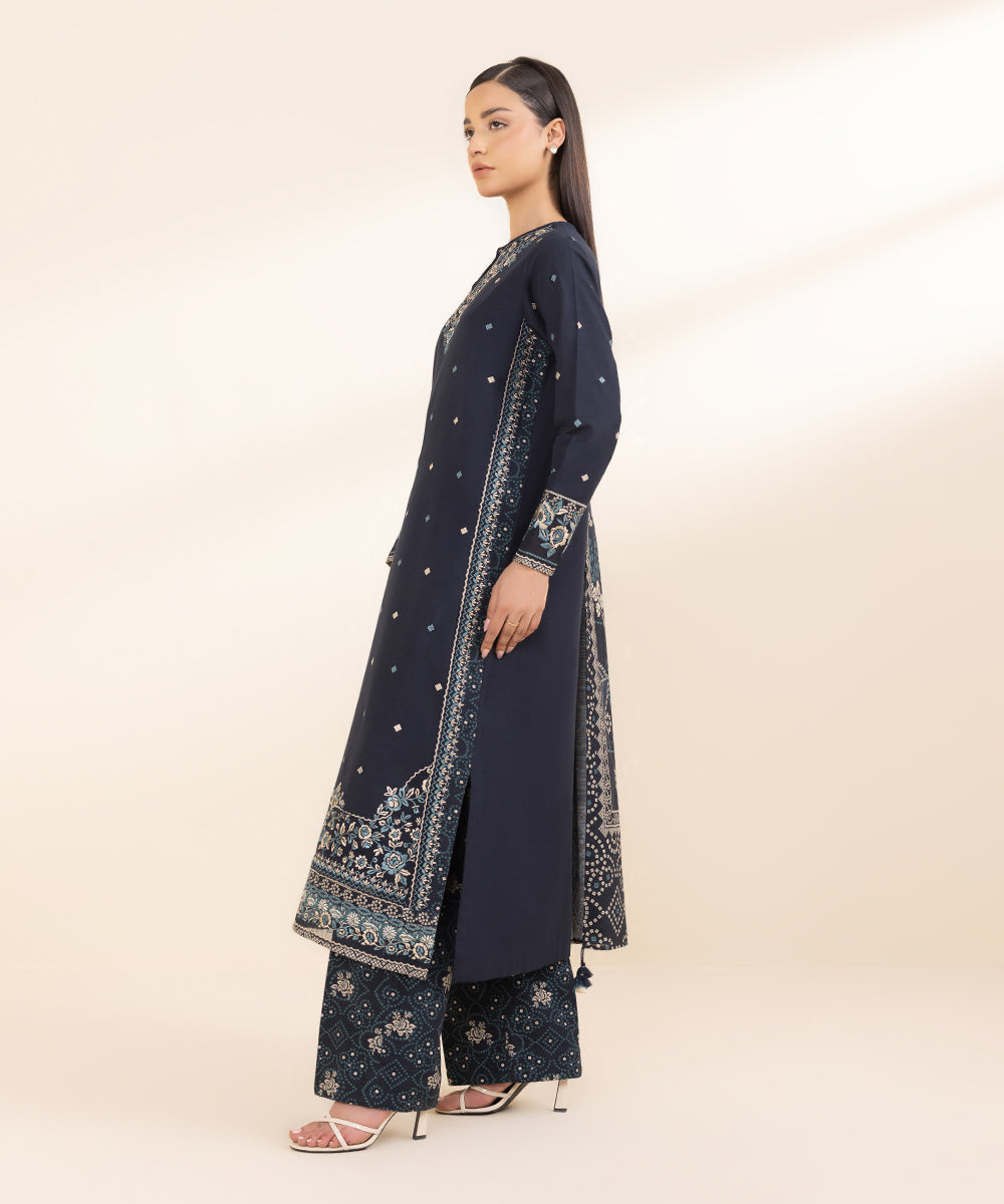 Women's Unstitched Light Khaddar Blue Embroidered 3 Piece Suit