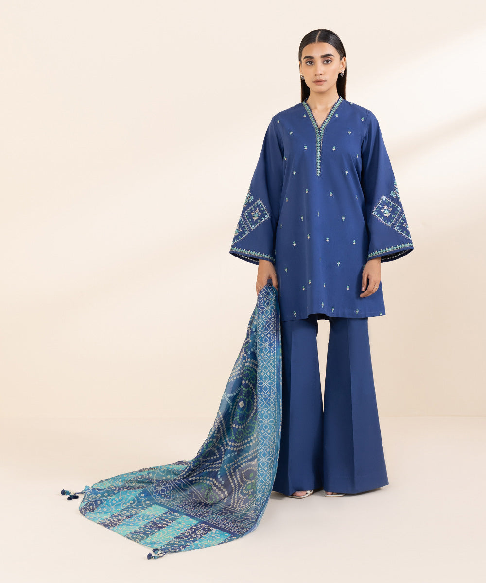 Women's Unstitched Lawn Blue Embroidered 3 Piece Suit