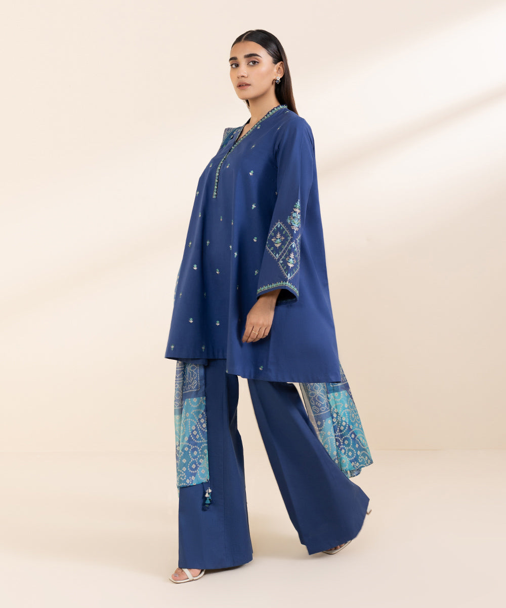 Women's Unstitched Lawn Blue Embroidered 3 Piece Suit