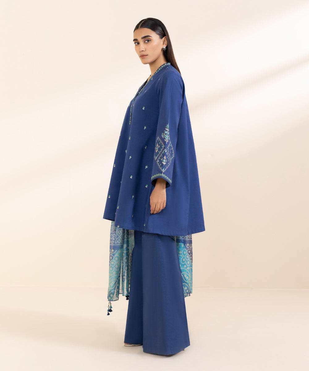 Women's Unstitched Lawn Blue Embroidered 3 Piece Suit