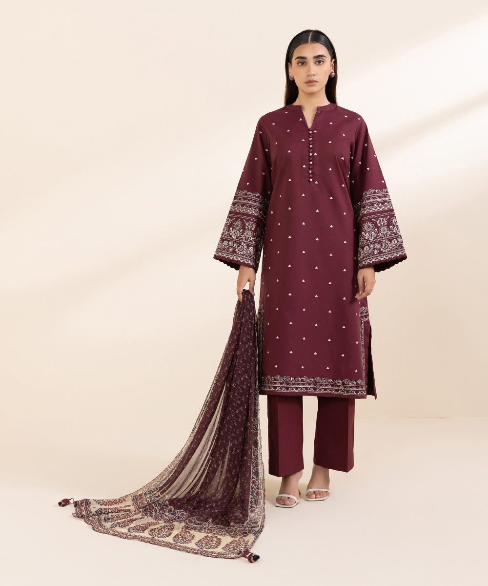 Women's Unstitched Lawn Red Embroidered 3 Piece Suit