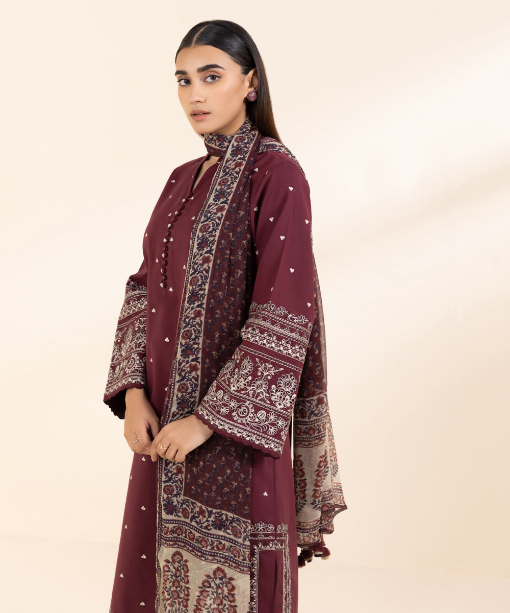 Women's Unstitched Lawn Red Embroidered 3 Piece Suit