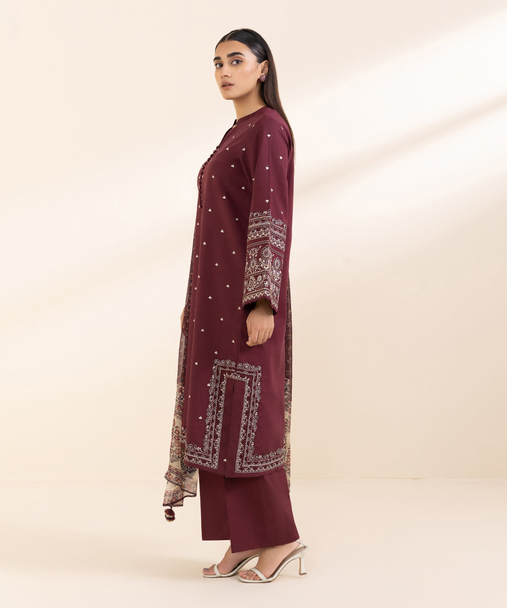 Women's Unstitched Lawn Red Embroidered 3 Piece Suit